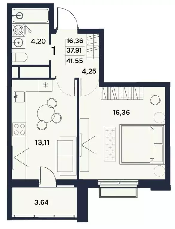 Квартира, 1 комната, 41.5 м - Фото 0