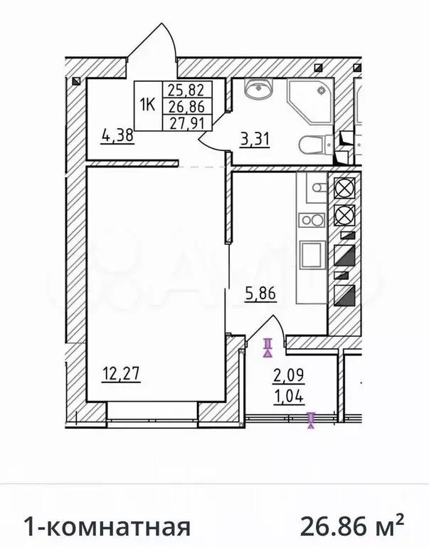 1-к. квартира, 26,9 м, 2/7 эт. - Фото 1