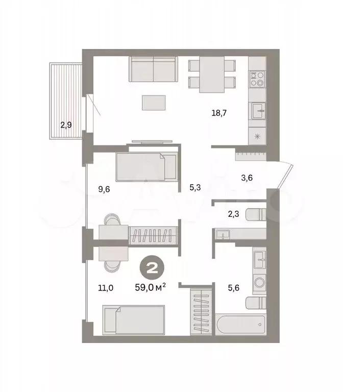 2-к. квартира, 59 м, 6/9 эт. - Фото 0