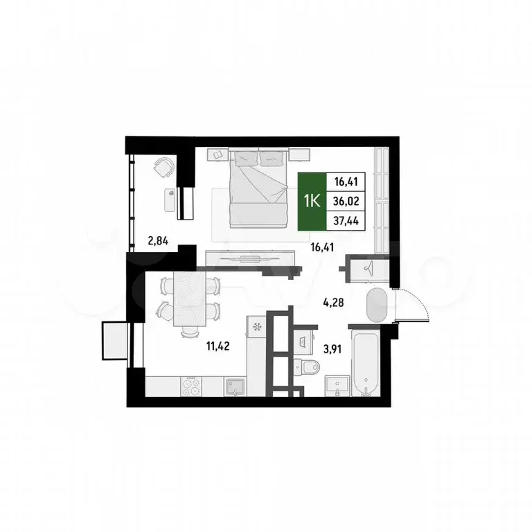 1-к. квартира, 37,4 м, 2/8 эт. - Фото 1
