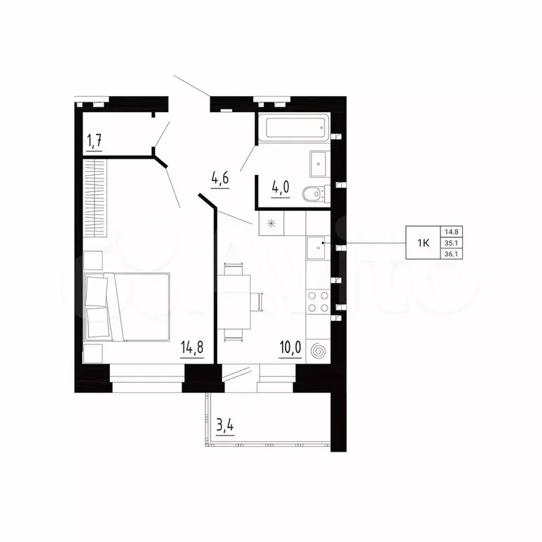 1-к. квартира, 36,1 м, 5/8 эт. - Фото 0