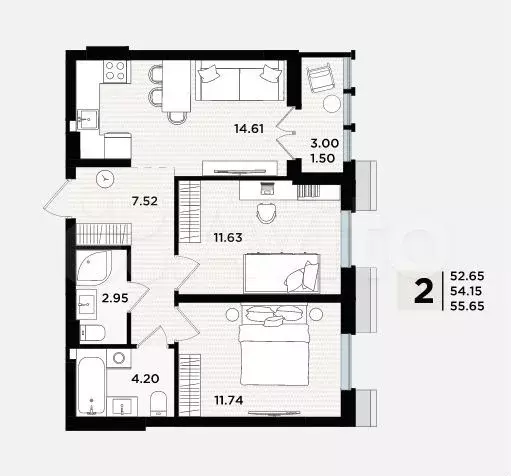 2-к. квартира, 55,7 м, 4/5 эт. - Фото 1