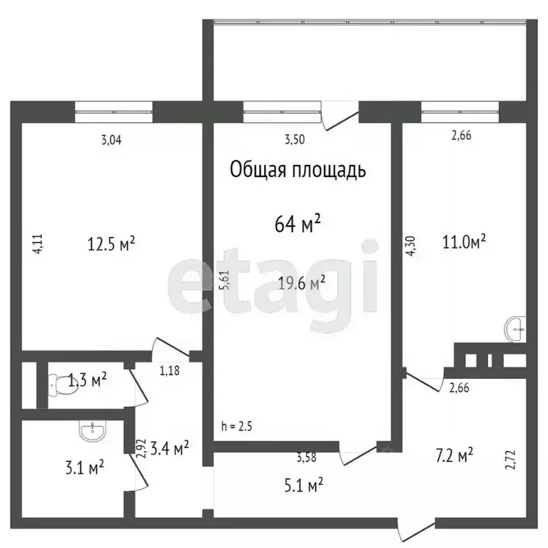 2-к кв. Томская область, Томск ул. 1-я Рабочая, 2А (64.0 м) - Фото 2