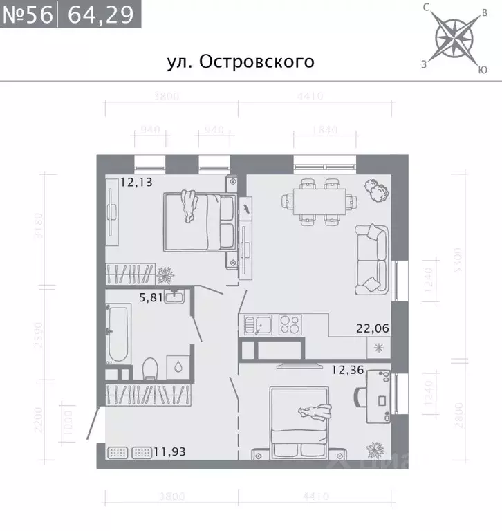 2-к кв. Татарстан, Казань Кастура Таун жилой комплекс (64.29 м) - Фото 0