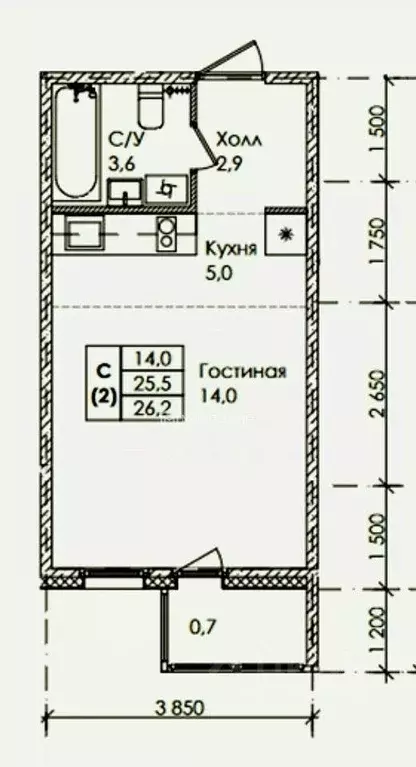 Квартира, студия, 25.3 м - Фото 0
