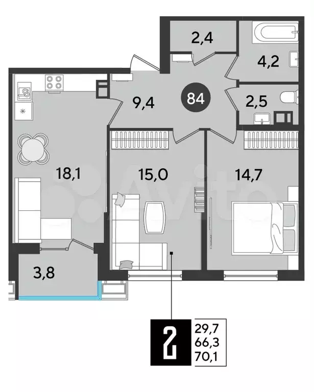 2-к. квартира, 70,1 м, 3/9 эт. - Фото 1