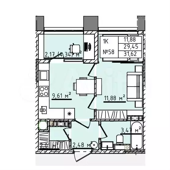 1-к. квартира, 31,6 м, 3/5 эт. - Фото 0