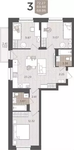 3-к. квартира, 69,9 м, 8/9 эт. - Фото 0