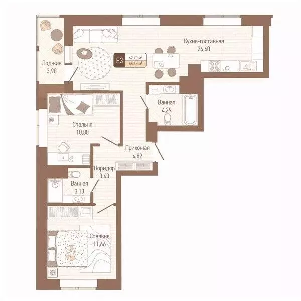 2-к кв. Тульская область, Тула Кулик жилой комплекс (64.69 м) - Фото 0