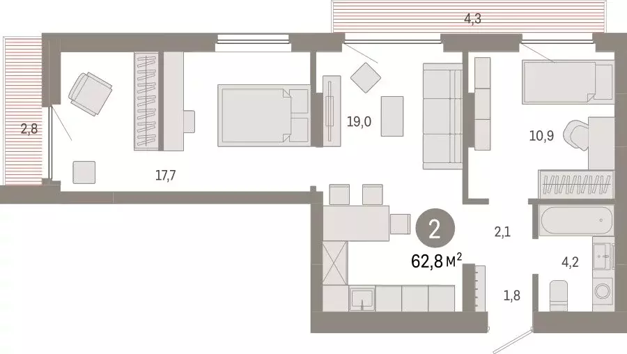 2-комнатная квартира: Новосибирск, Заельцовский район (62.8 м) - Фото 1