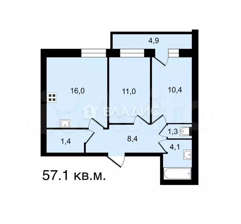 2-к. квартира, 57,1 м, 1/4 эт. - Фото 0