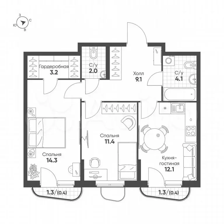 2-к. квартира, 57 м, 5/11 эт. - Фото 0