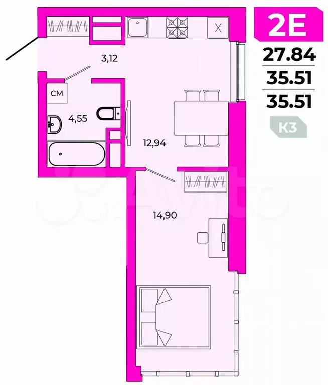 1-к. квартира, 35,5 м, 3/20 эт. - Фото 1