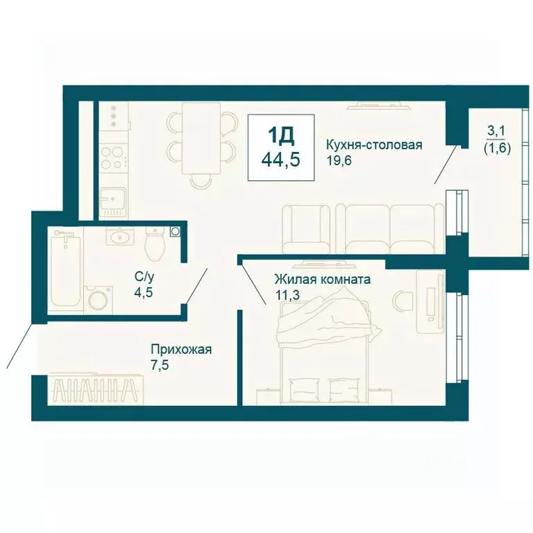 1-к кв. Свердловская область, Екатеринбург ул. 8 Марта, 197 (44.5 м) - Фото 0