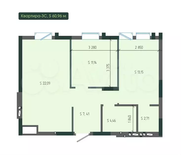 3-к. квартира, 61 м, 4/12 эт. - Фото 1