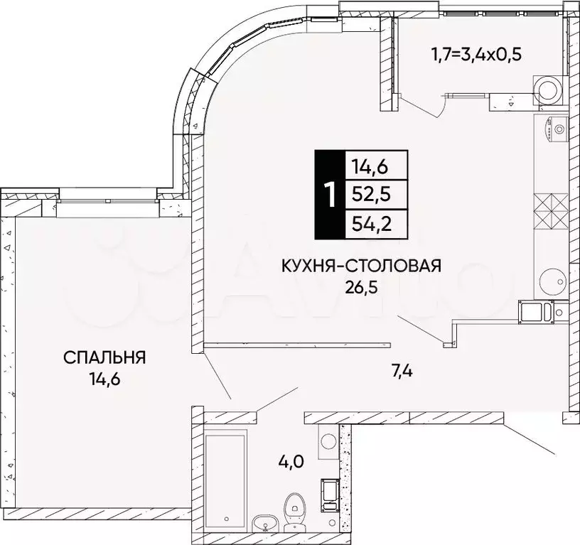 2-к. квартира, 54,2м, 4/24эт. - Фото 0