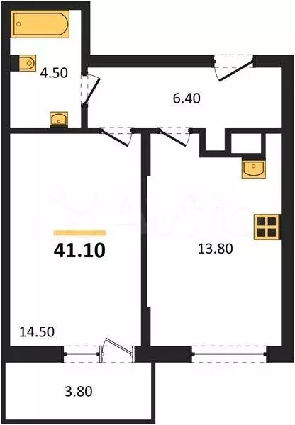1-к. квартира, 41,1 м, 1/4 эт. - Фото 1