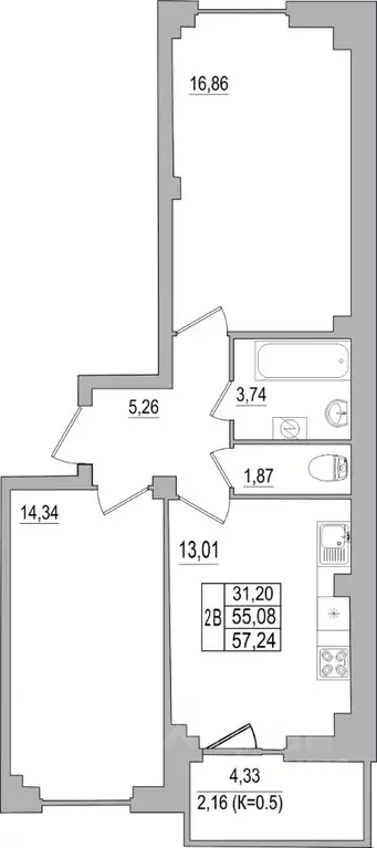 2-к кв. Псковская область, Псков ул. Юности, 32 (57.24 м) - Фото 0