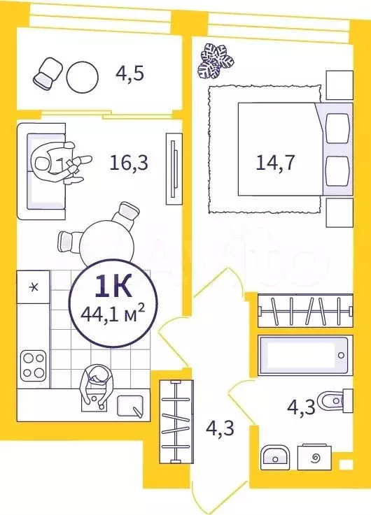 1-к. квартира, 41,9 м, 28/32 эт. - Фото 1