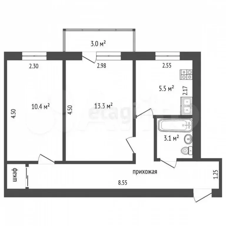 2-к. квартира, 44,6 м, 4/4 эт. - Фото 0