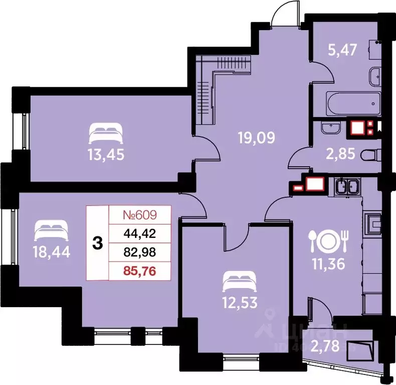 3-к кв. Калининградская область, Калининград ул. Гайдара, 94 (85.76 м) - Фото 0