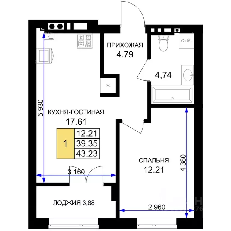 1-к кв. Калининградская область, Гурьевск Включи жилой комплекс (43.23 ... - Фото 0