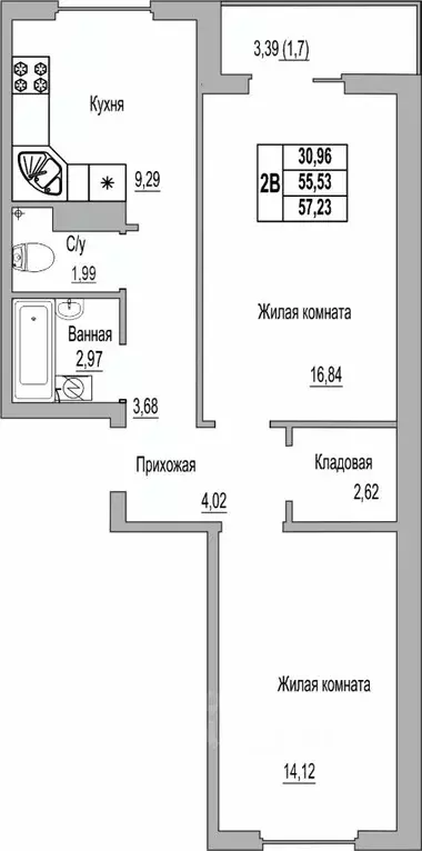 2-к кв. Псковская область, Псков Линейная ул., 89 (57.23 м) - Фото 1