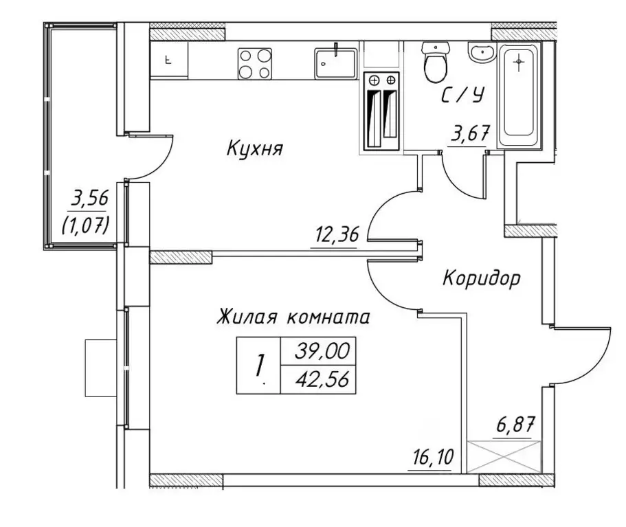 1-к кв. Московская область, Дмитров  (42.56 м) - Фото 0