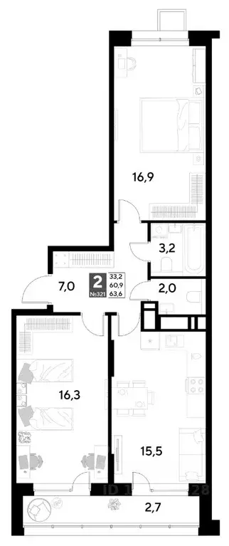 2-к кв. Омская область, Омск Снегири жилрайон,  (63.6 м) - Фото 0