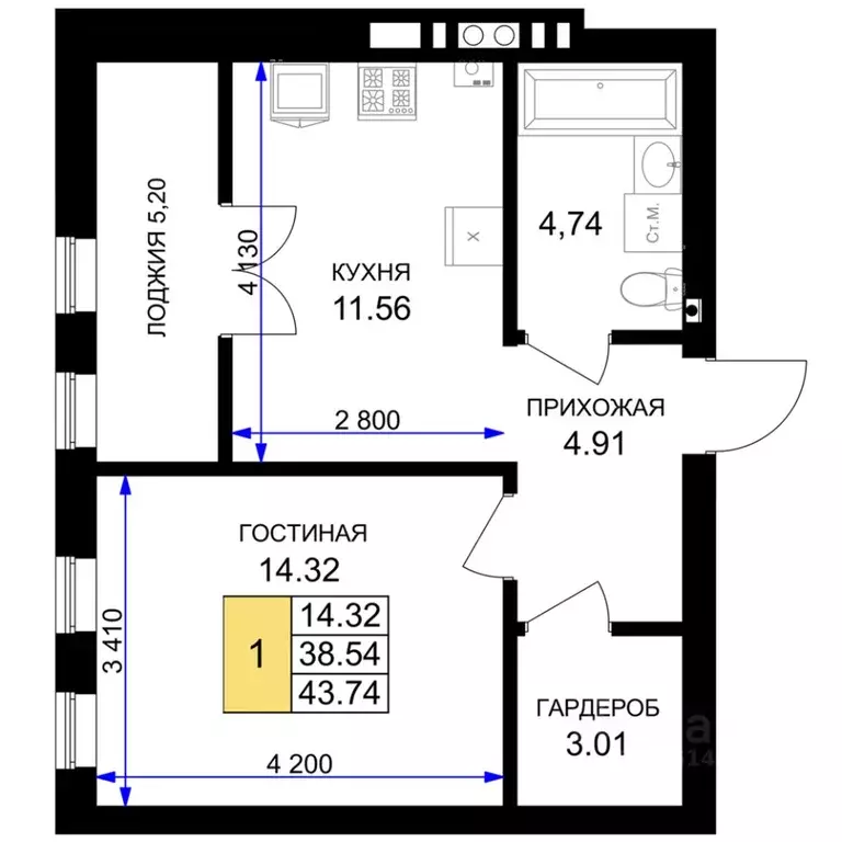 1-к кв. Калининградская область, Гурьевск Включи жилой комплекс (43.74 ... - Фото 0