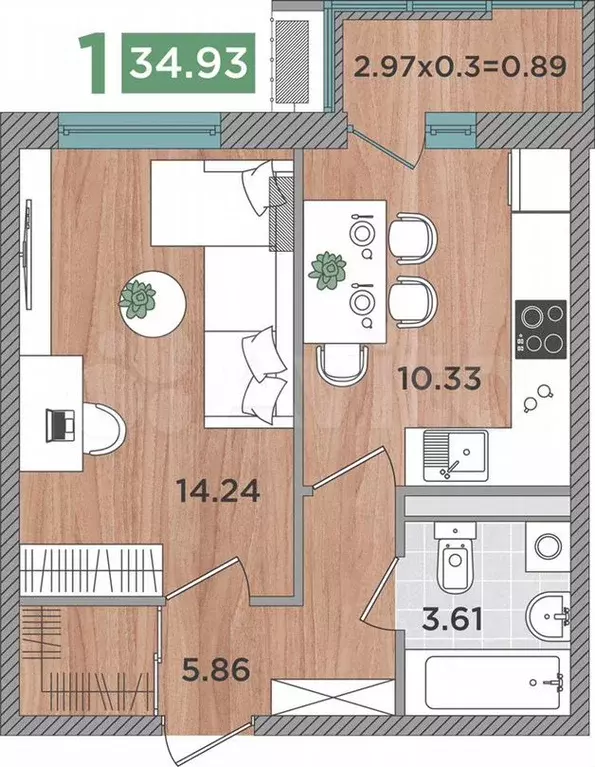 1-к. квартира, 34,9м, 2/8эт. - Фото 1