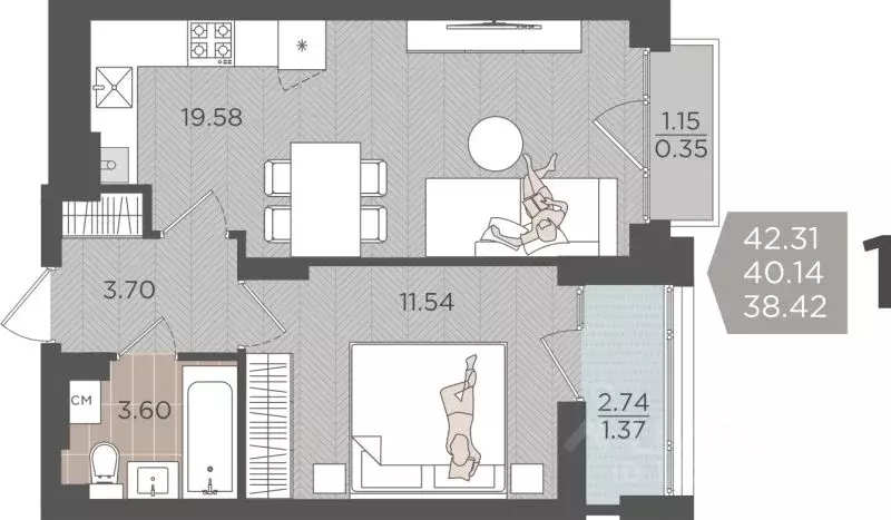 1-к кв. Калининградская область, Калининград Батальная ул., 65Б (40.14 ... - Фото 0