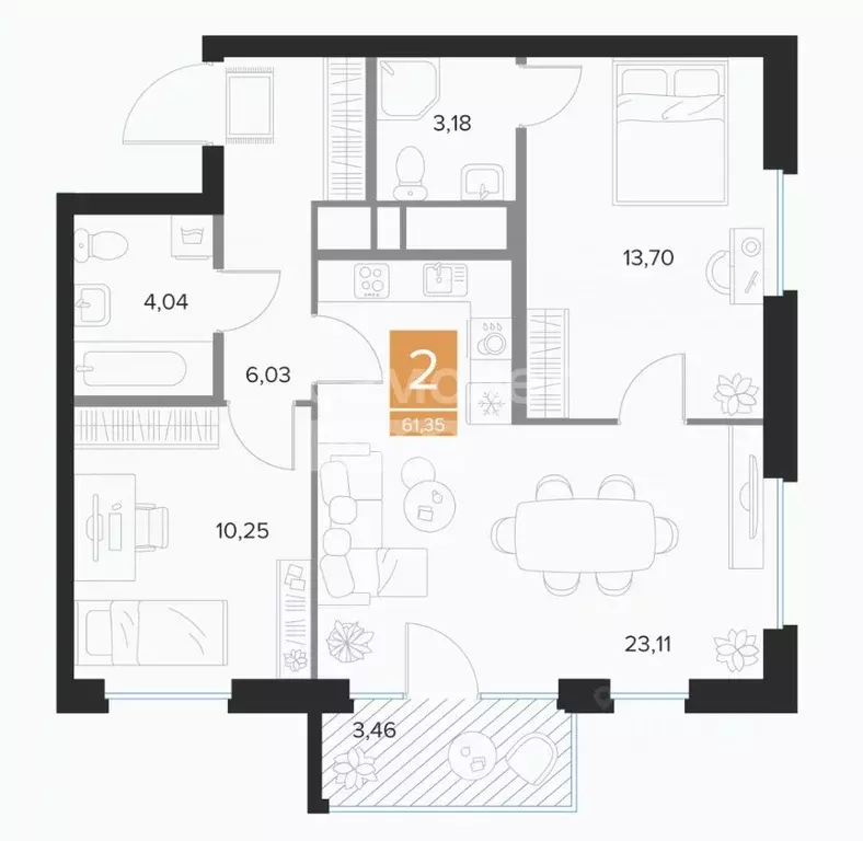 2-к кв. Курская область, Курск просп. Вячеслава Клыкова, 39Б (61.35 м) - Фото 2