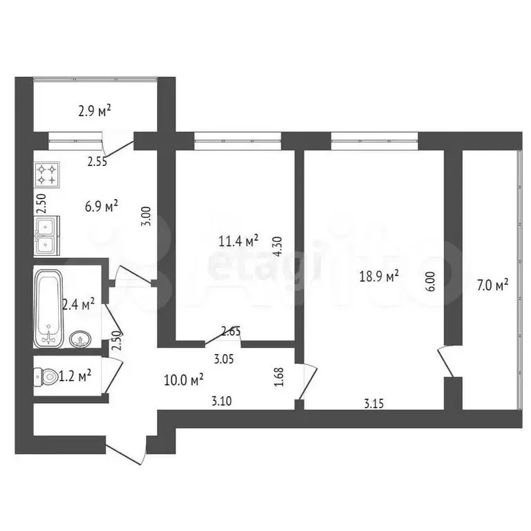 2-к. квартира, 50,8 м, 5/5 эт. - Фото 1