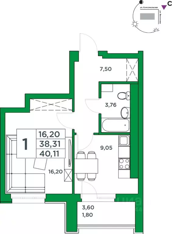 1-к кв. Башкортостан, Уфа Комсомольская ул., 8 (38.31 м) - Фото 1
