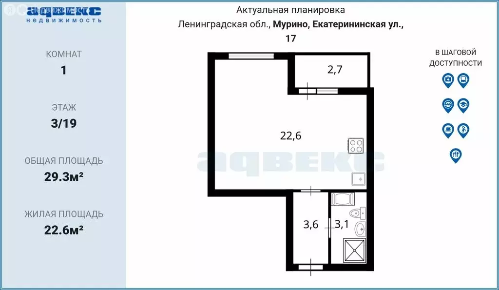 Квартира-студия: Мурино, Екатерининская улица, 17 (29.3 м) - Фото 2