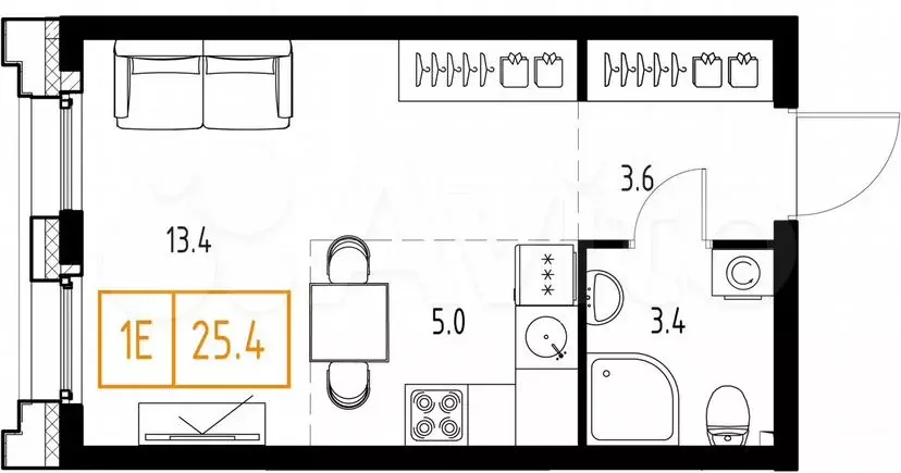 Квартира-студия, 25,4 м, 2/9 эт. - Фото 1