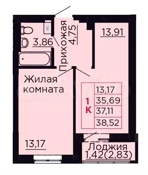 1-к. квартира, 37,1 м, 5/9 эт. - Фото 0