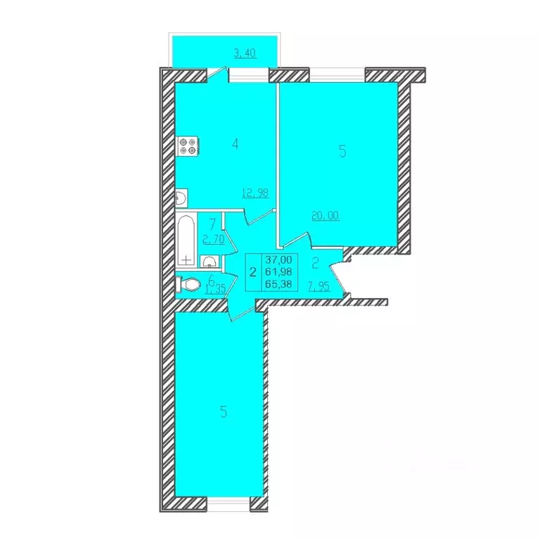 2-к кв. Адыгея, Майкоп городской округ, пос. Северный  (63.0 м) - Фото 1