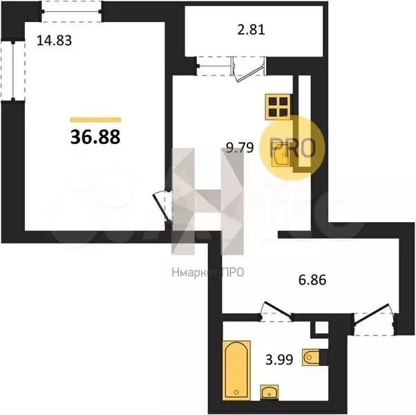 1-к. квартира, 36,9 м, 8/9 эт. - Фото 1