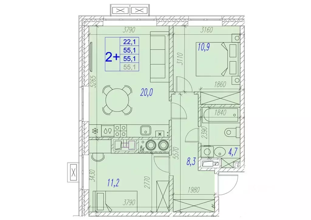 2-к кв. Астраханская область, Астрахань ул. Трофимова (55.1 м) - Фото 1