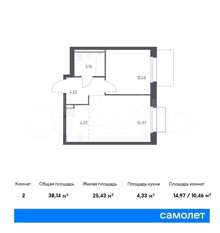 1-к. квартира, 38,1м, 12/17эт. - Фото 0