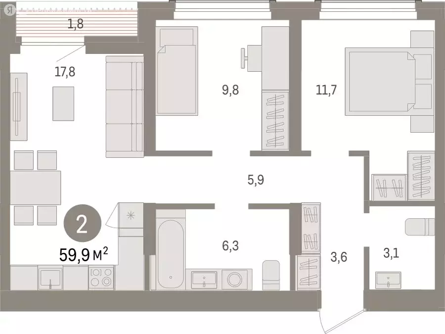 2-комнатная квартира: Новосибирск, улица Аэропорт (59.92 м) - Фото 1