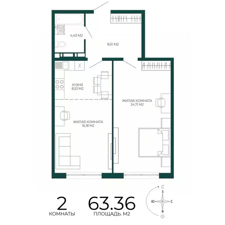 2-к кв. Пензенская область, Пенза Чаадаев жилой комплекс (63.36 м) - Фото 1