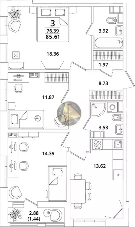 3-комнатная квартира: Санкт-Петербург, Кубинская улица, 82к3с1 (85.61 ... - Фото 0
