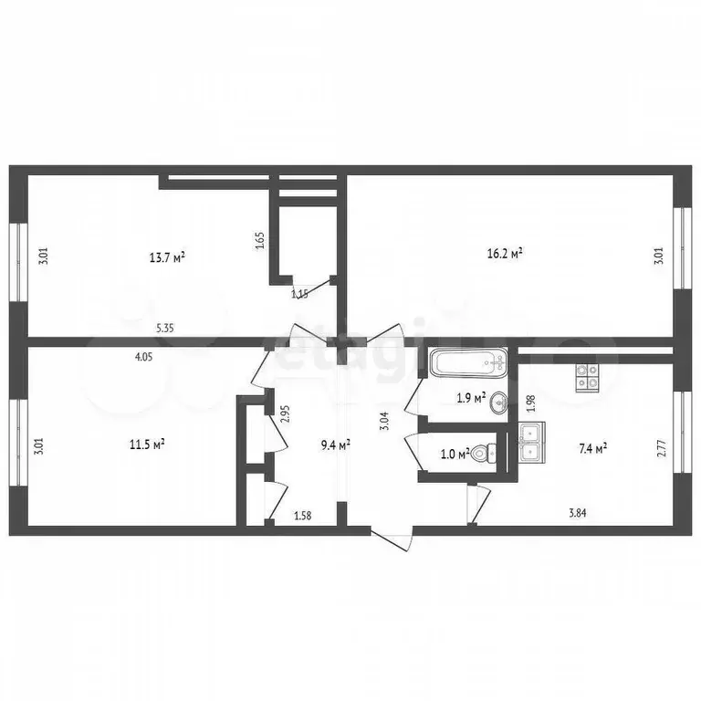 3-к. квартира, 62,1 м, 1/5 эт. - Фото 0