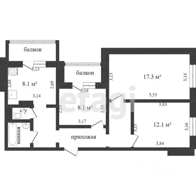 3-к кв. Белгородская область, Белгород ул. Есенина, 48 (63.0 м) - Фото 2
