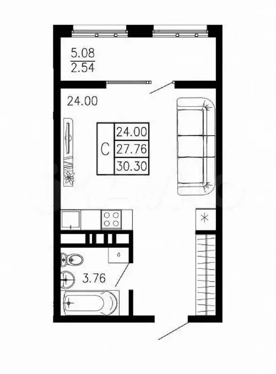 Квартира-студия, 30,3 м, 2/6 эт. - Фото 1