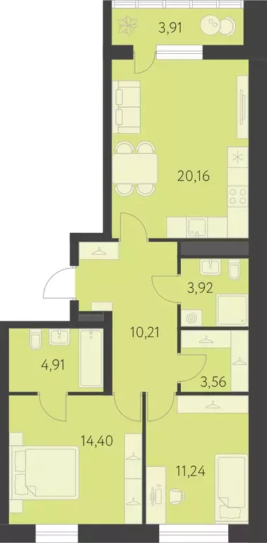 2-к квартира, 70.36 м - Фото 0