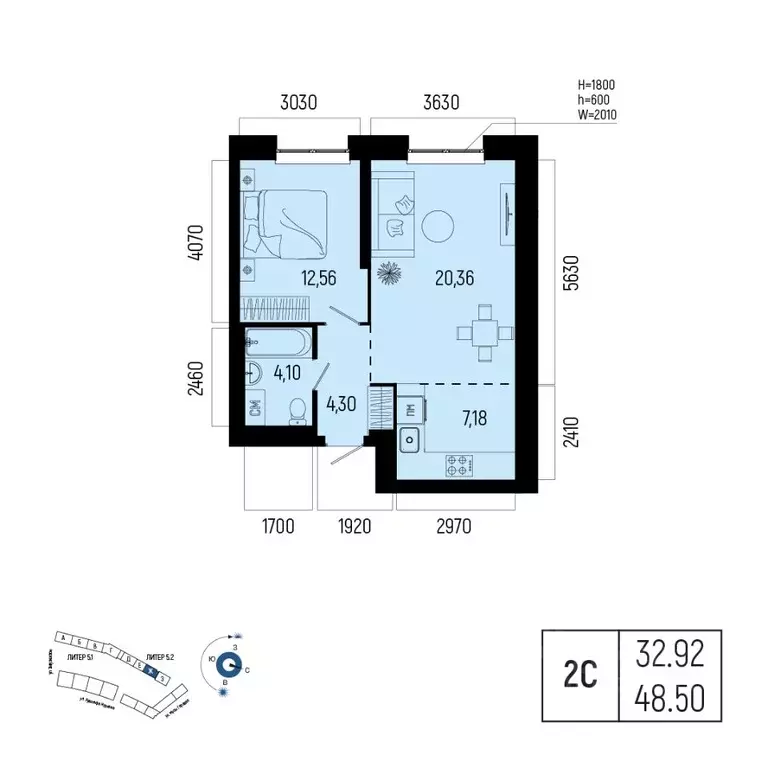 2-к кв. Башкортостан, Уфа Глумилино-1 мкр, Новатор жилой комплекс ... - Фото 1